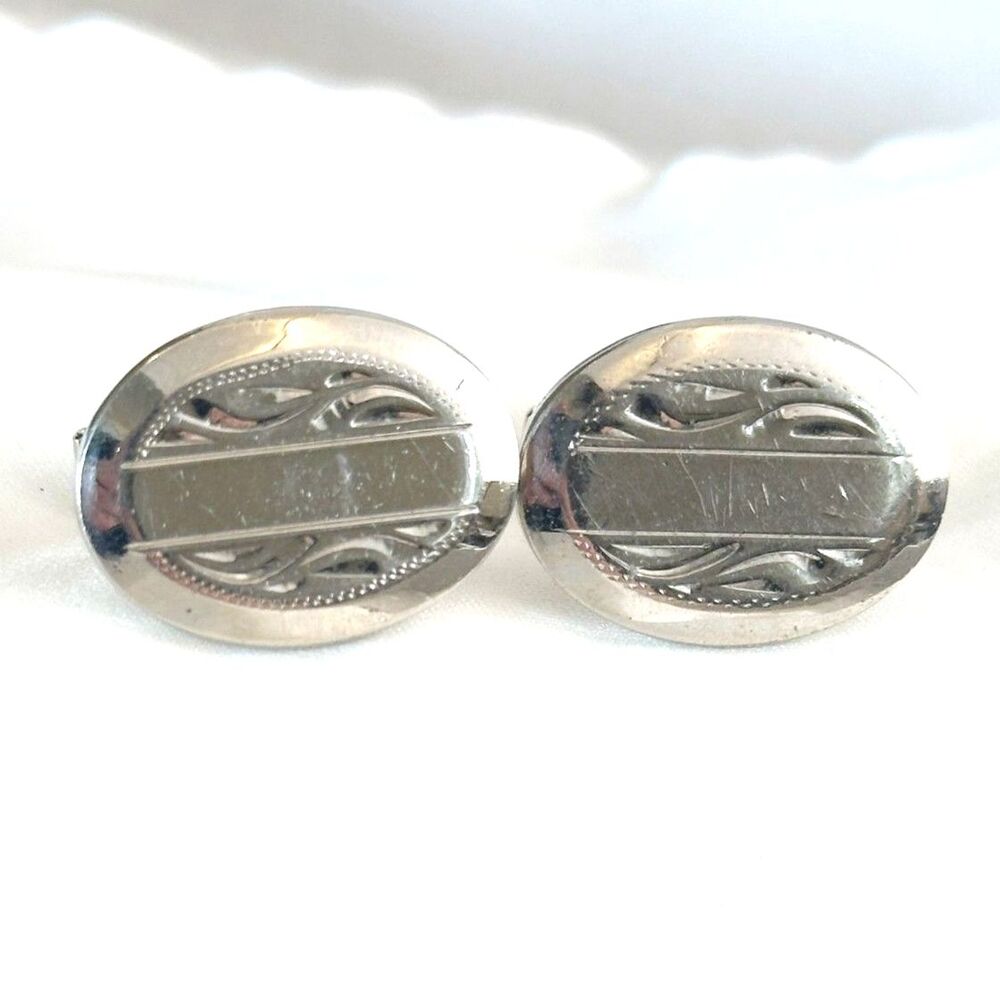 Silver Tone Vintage Etched Floral Oval Cufflinks